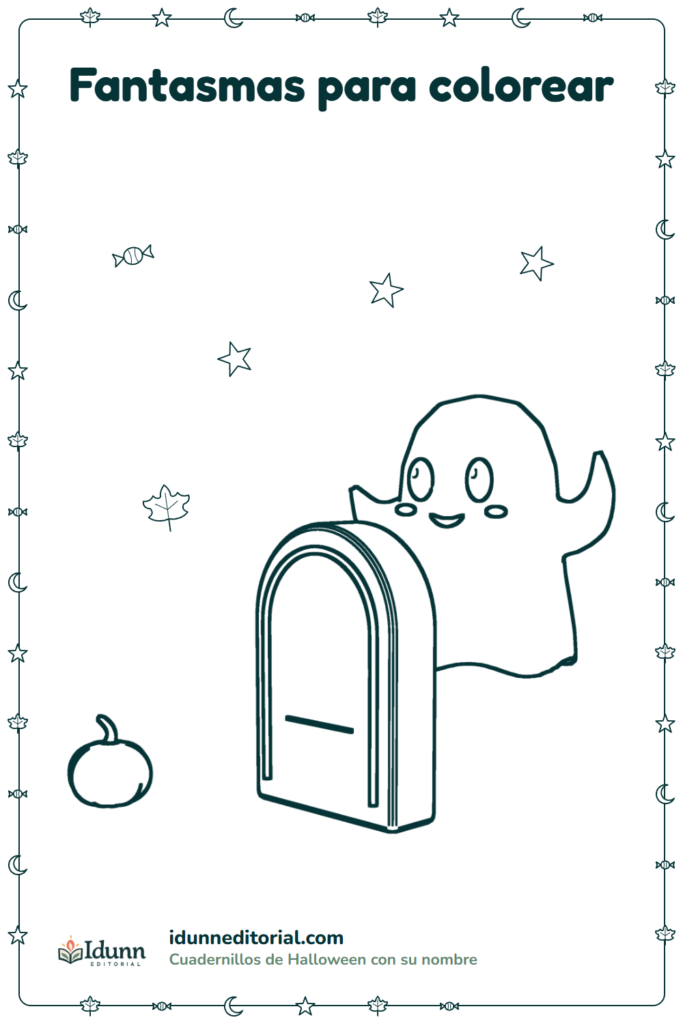 Fantasma para colorear, 3 a 8 años: un fantasma que se asoma detrás de una lápida en blanco, con una calabaza pequeña al lado.