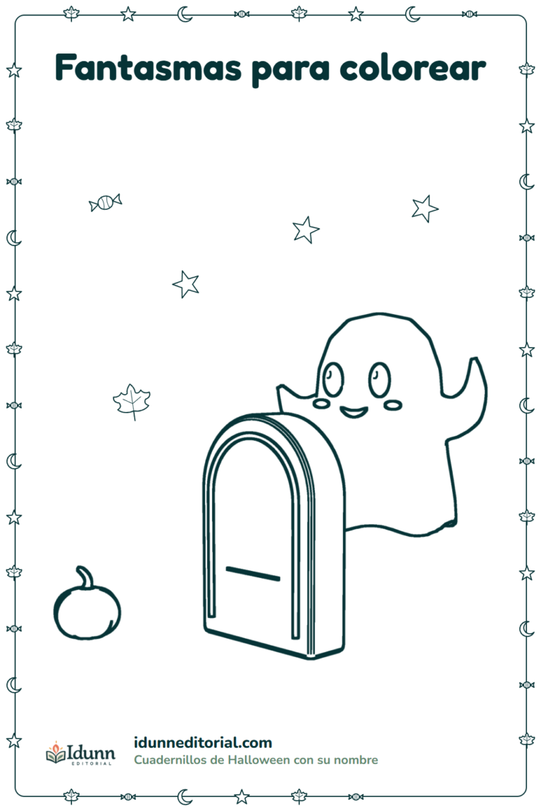 Fantasma para colorear, 3 a 8 años: un fantasma que se asoma detrás de una lápida en blanco, con una calabaza pequeña al lado.