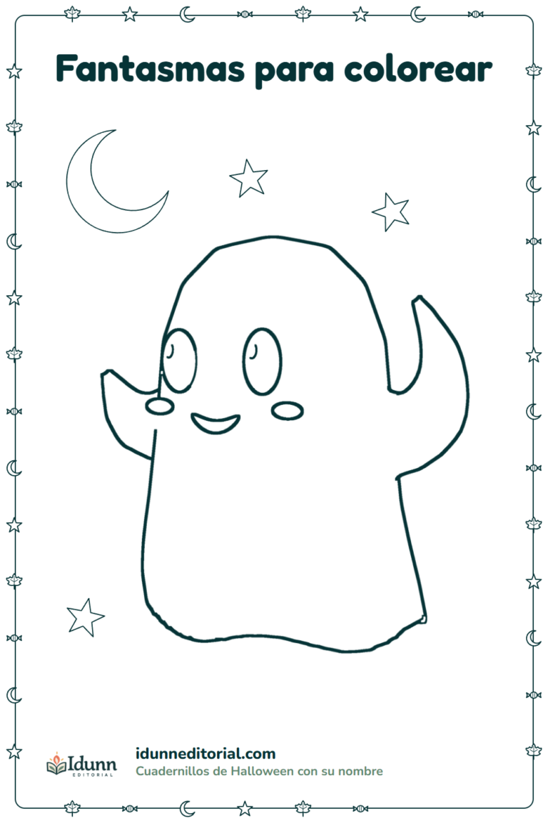 Fantasma para colorear, 3 a 8 años: un fantasma sonriente que saluda con la mano, bajo la luna y las estrellas.