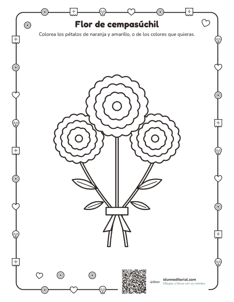 Flor de cempasúchil para colorear, 3 a 8 años: un ramo de tres flores con sus tres coronas de pétalos, hojas y un moño.