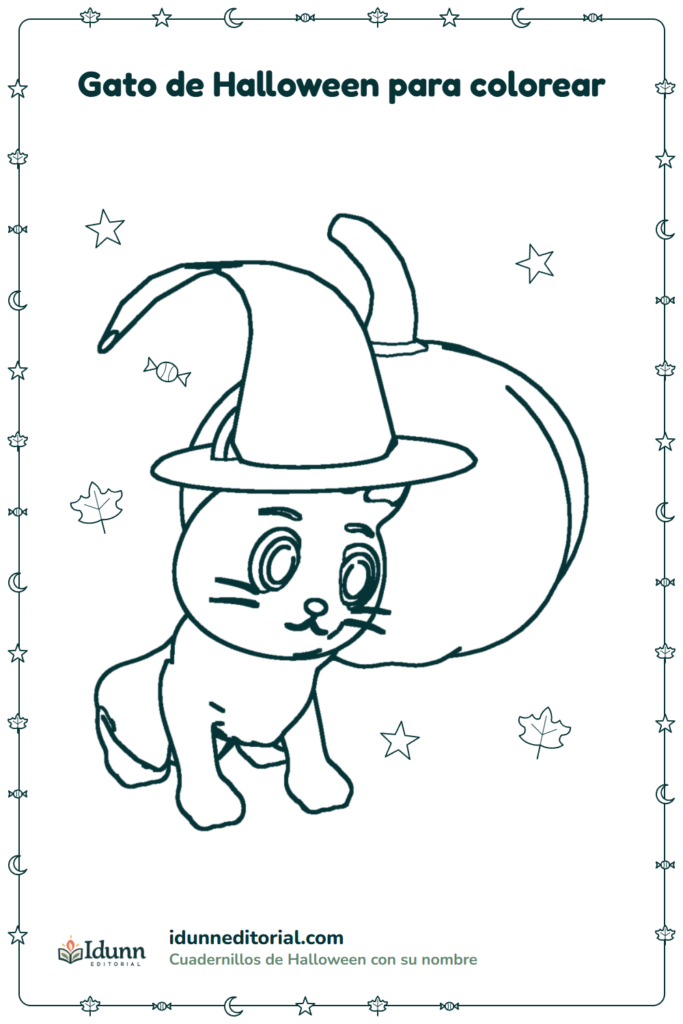 Gato de Halloween para colorear, 3 a 8 años: un gato con un sombrero de bruja grande, delante de una calabaza.