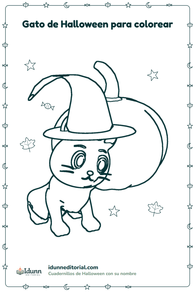 Gato de Halloween para colorear, 3 a 8 años: un gato con un sombrero de bruja grande, delante de una calabaza.