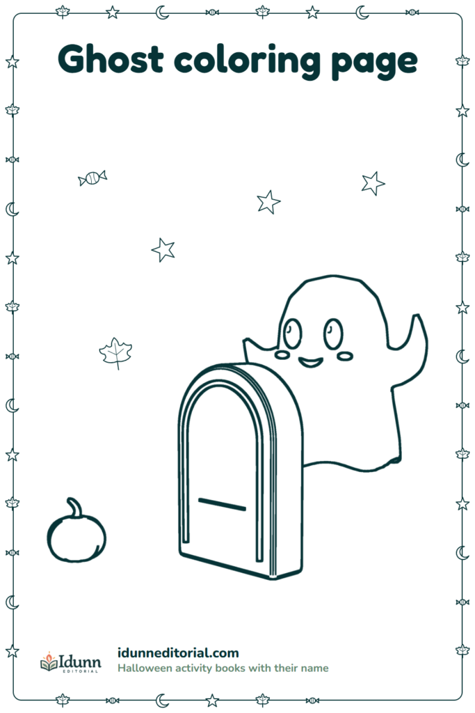 Ghost coloring page, ages 3 to 8: a ghost peeking out from behind a blank tombstone, with a small pumpkin next to it.