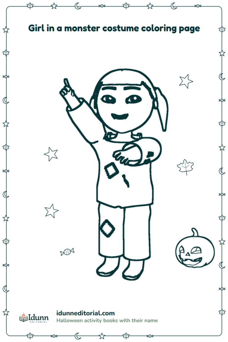 Monster costume coloring page, ages 3 to 8: a red-haired girl with pigtails dressed as a monster, who points in surprise at a big pumpkin beside her.