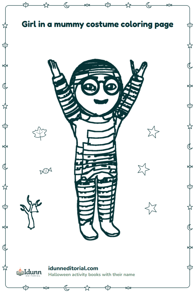 Mummy costume coloring page, ages 3 to 8: a girl with curly hair and round glasses dressed as a mummy, who celebrates with her arms up by a bare tree with a spider web.
