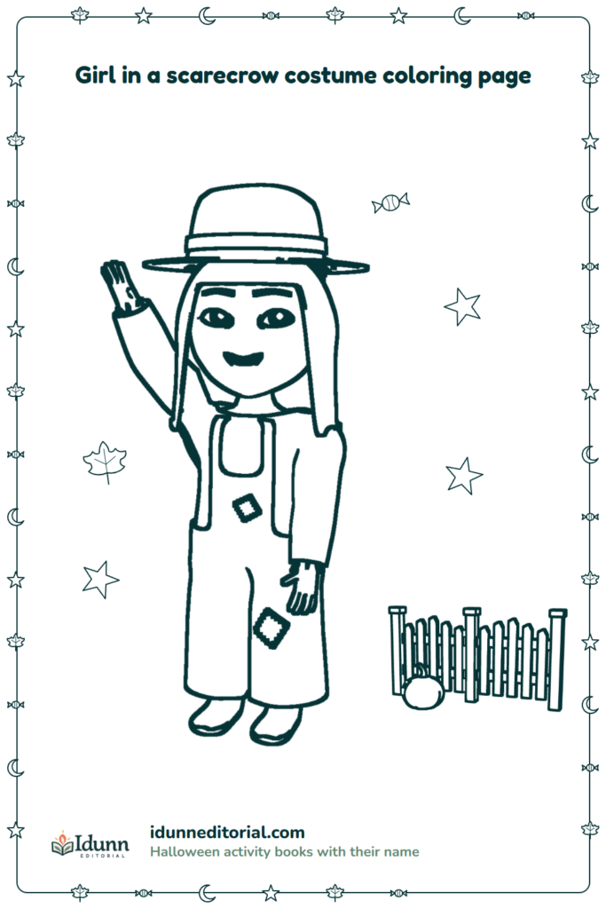 Scarecrow costume coloring page, ages 3 to 8: a girl with long straight hair dressed as a scarecrow, who waves, wearing her straw hat by the patch fence and a plain pumpkin.