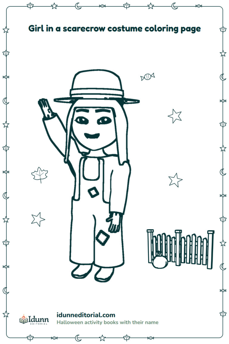 Scarecrow costume coloring page, ages 3 to 8: a girl with long straight hair dressed as a scarecrow, who waves, wearing her straw hat by the patch fence and a plain pumpkin.