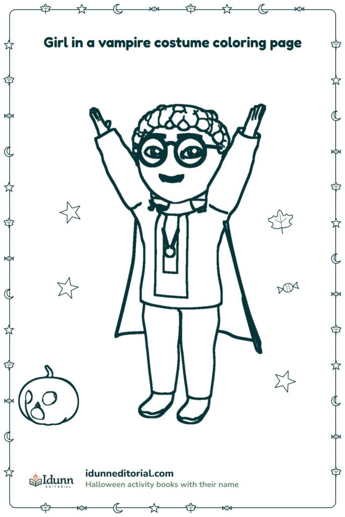 Vampire costume coloring page, ages 3 to 8: a girl with curly hair and round glasses dressed as a vampire, who celebrates with both arms up next to a carved pumpkin.
