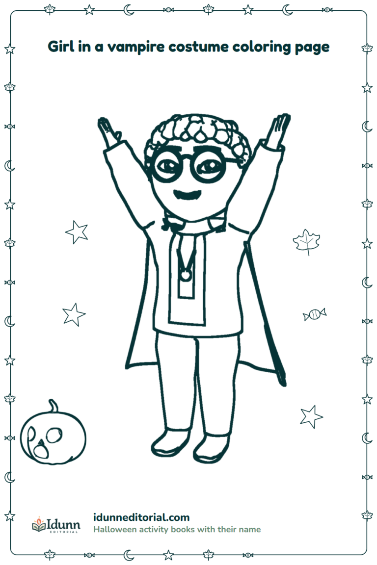 Vampire costume coloring page, ages 3 to 8: a girl with curly hair and round glasses dressed as a vampire, who celebrates with both arms up next to a carved pumpkin.