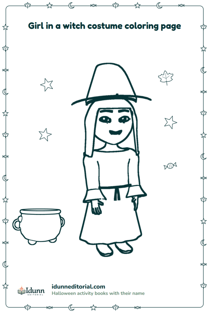 Witch costume coloring page, ages 3 to 8: a girl with long straight hair dressed as a witch, who stands ready to brew a potion beside her cauldron.