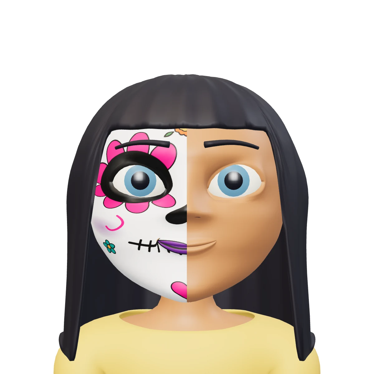 Maquillaje de catrina de media cara para niña: la mitad de la cara pintada de catrina con flores rosas y la otra mitad sin pintar