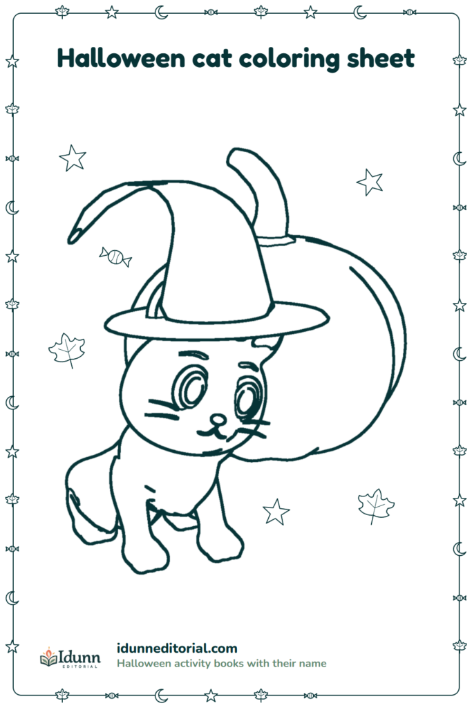 Halloween cat coloring page, ages 3 to 8: a cat in a big witch's hat in front of a large pumpkin.