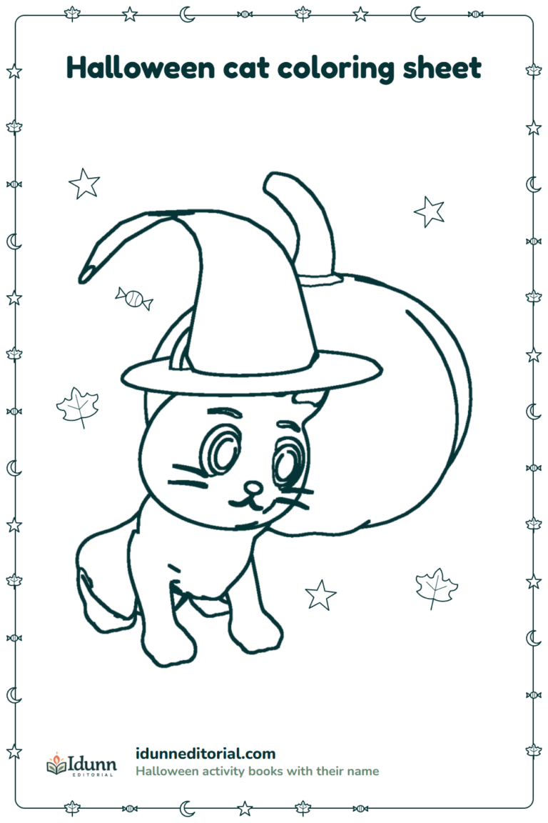 Halloween cat coloring page, ages 3 to 8: a cat in a big witch's hat in front of a large pumpkin.