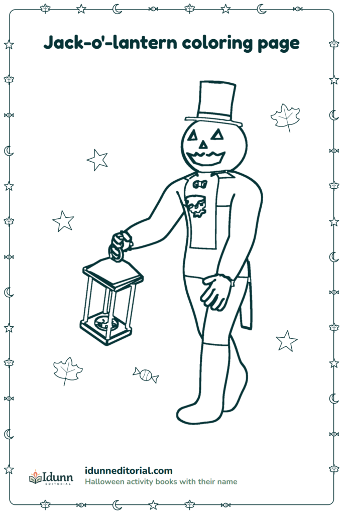 Jack-o'-lantern coloring page, ages 3 to 8: Jack, a character with a carved pumpkin head, walking with a lantern in his hand.
