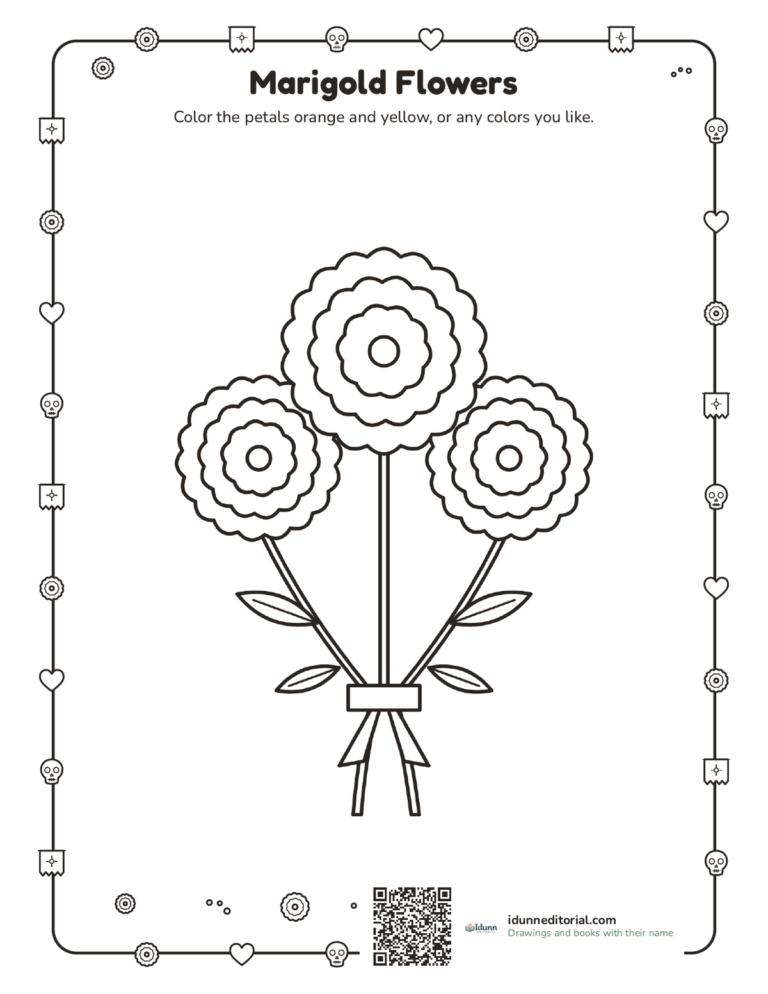 Marigold coloring page, ages 3 to 8: a bunch of three cempasúchil marigolds with three rings of petals, leaves and a bow.