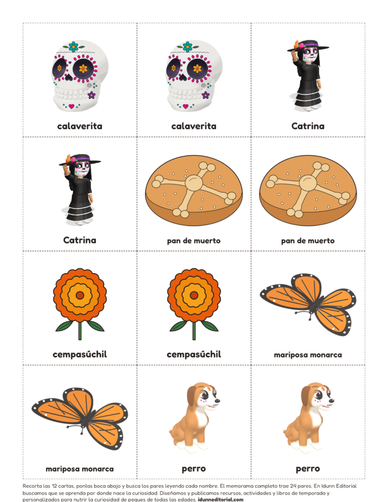 Memorama de Día de Muertos para imprimir y recortar, 6 pares con su nombre: calaverita, Catrina, pan de muerto, cempasúchil, mariposa monarca y perro.