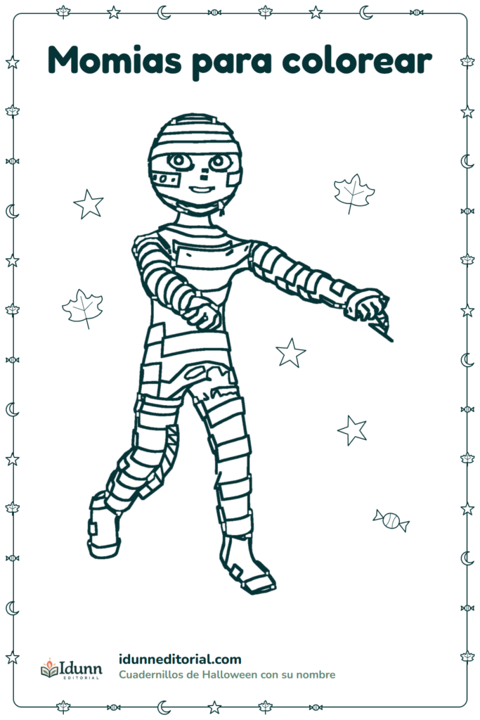 Momia para colorear, 3 a 8 años: una momia sonriente que camina con los brazos hacia adelante, envuelta en vendas.