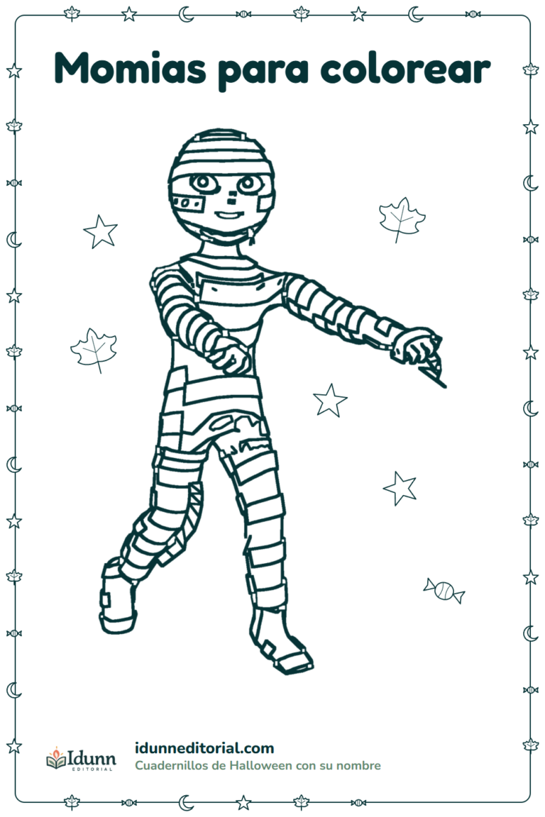 Momia para colorear, 3 a 8 años: una momia sonriente que camina con los brazos hacia adelante, envuelta en vendas.