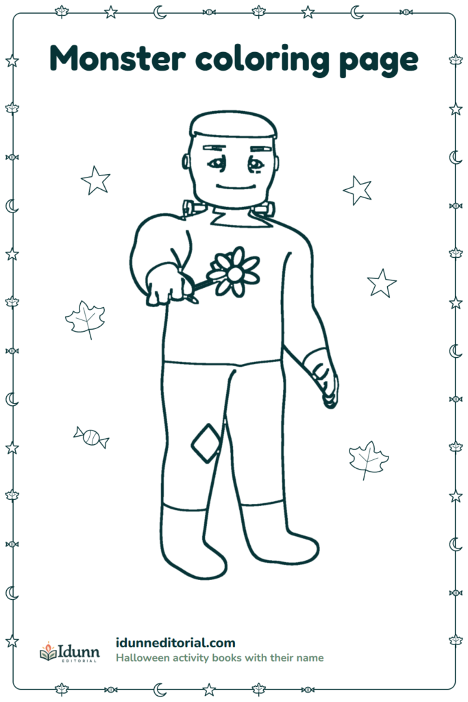 Monster coloring page, ages 3 to 8: a friendly monster with bolts on his neck holding out a flower.