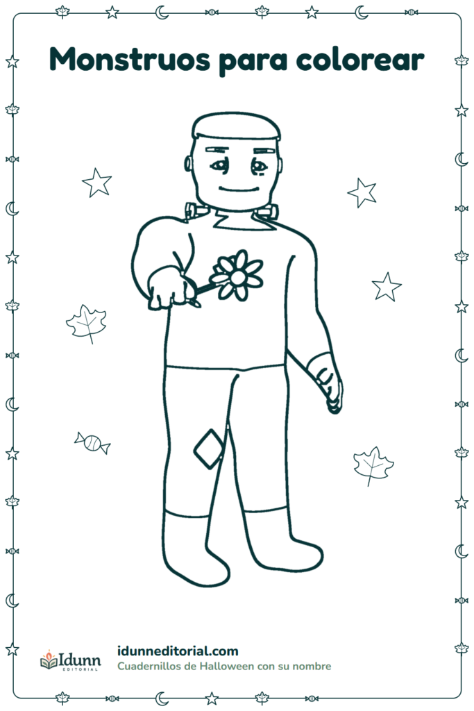 Monstruo para colorear, 3 a 8 años: un monstruo tierno con tornillos en el cuello que ofrece una flor.