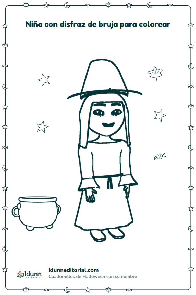 Disfraz de bruja para colorear, 3 a 8 años: una niña de pelo lacio y largo disfrazada de bruja, que posa de pie, lista para preparar una poción junto a su caldero.