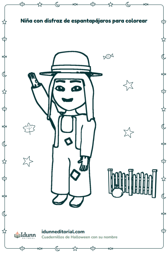 Disfraz de espantapájaros para colorear, 3 a 8 años: una niña de pelo lacio y largo disfrazada de espantapájaros, que saluda con su sombrero de paja puesto junto a la valla del huerto y una calabaza lisa.