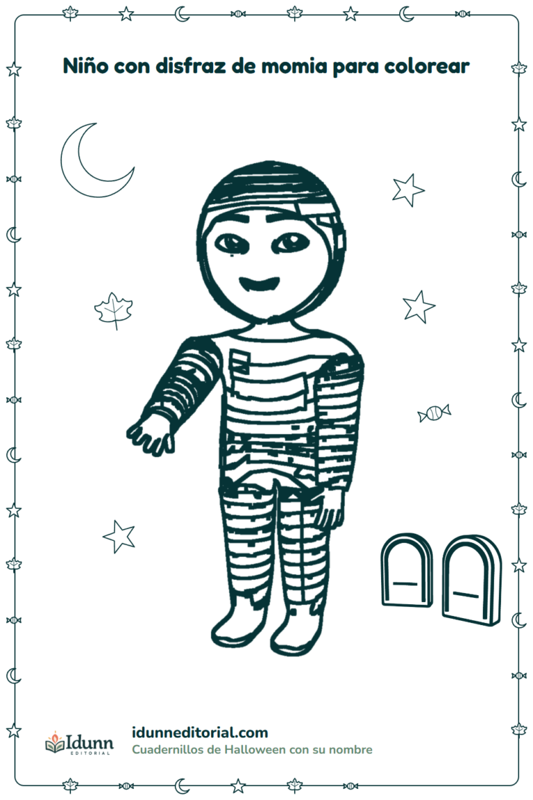 Disfraz de momia para colorear, 3 a 8 años: un niño de pelo con raya al lado disfrazado de momia, que estira un brazo como quien saluda junto a dos lápidas, con la luna detrás.