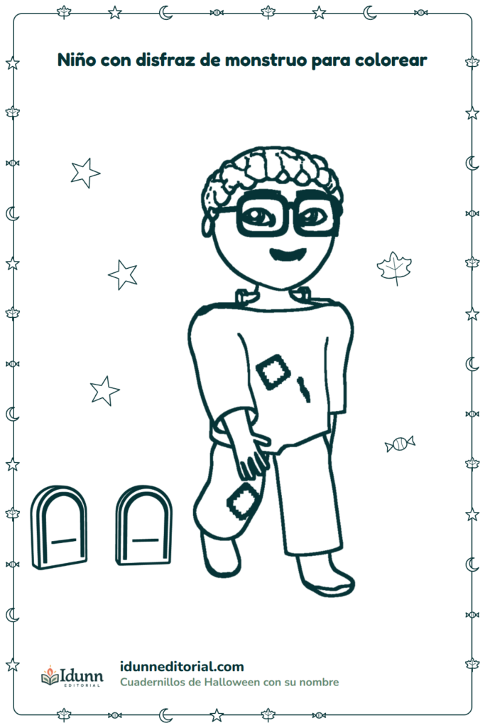 Disfraz de monstruo para colorear, 3 a 8 años: un niño de pelo rizado con lentes cuadrados disfrazado de monstruo, que camina entre dos lápidas pequeñas.