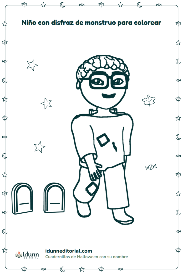 Disfraz de monstruo para colorear, 3 a 8 años: un niño de pelo rizado con lentes cuadrados disfrazado de monstruo, que camina entre dos lápidas pequeñas.