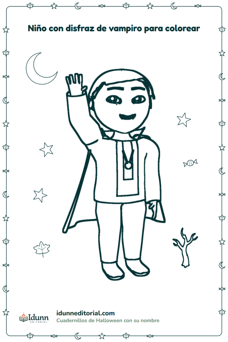 Disfraz de vampiro para colorear, 3 a 8 años: un niño de pelo con raya al lado disfrazado de vampiro, que saluda con una mano junto a un árbol seco, bajo la luna.