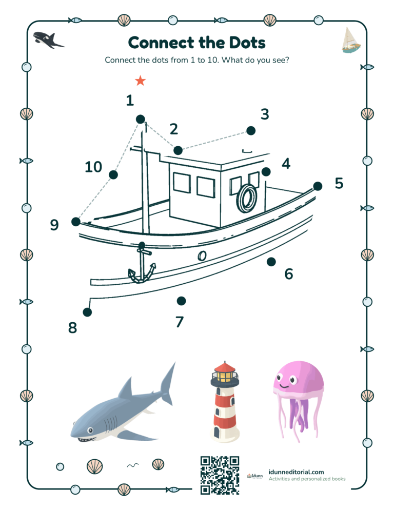 Ocean dot to dot, ages 3 to 4: Connect the dots from 1 to 10. What do you see?