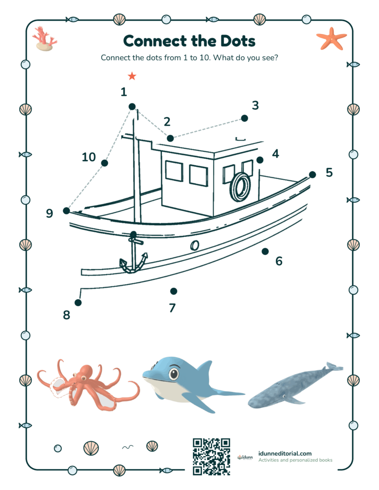 Ocean dot to dot, ages 4 to 5: Connect the dots from 1 to 10. What do you see?
