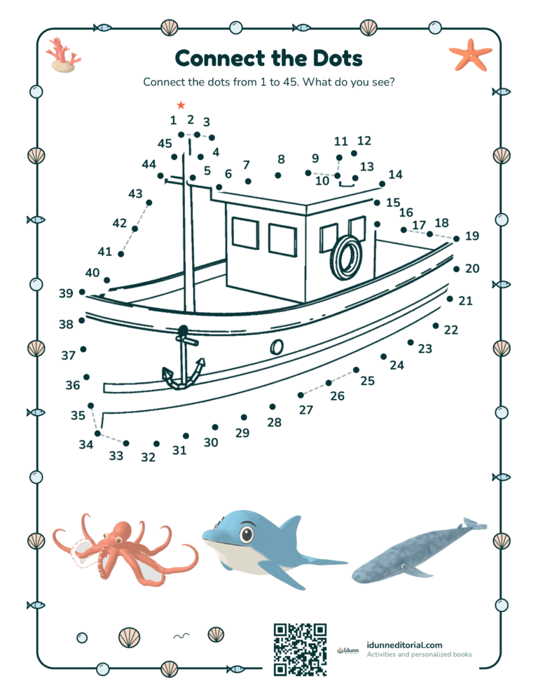 Ocean dot to dot, ages 7 to 9: Connect the dots from 1 to 45. What do you see?