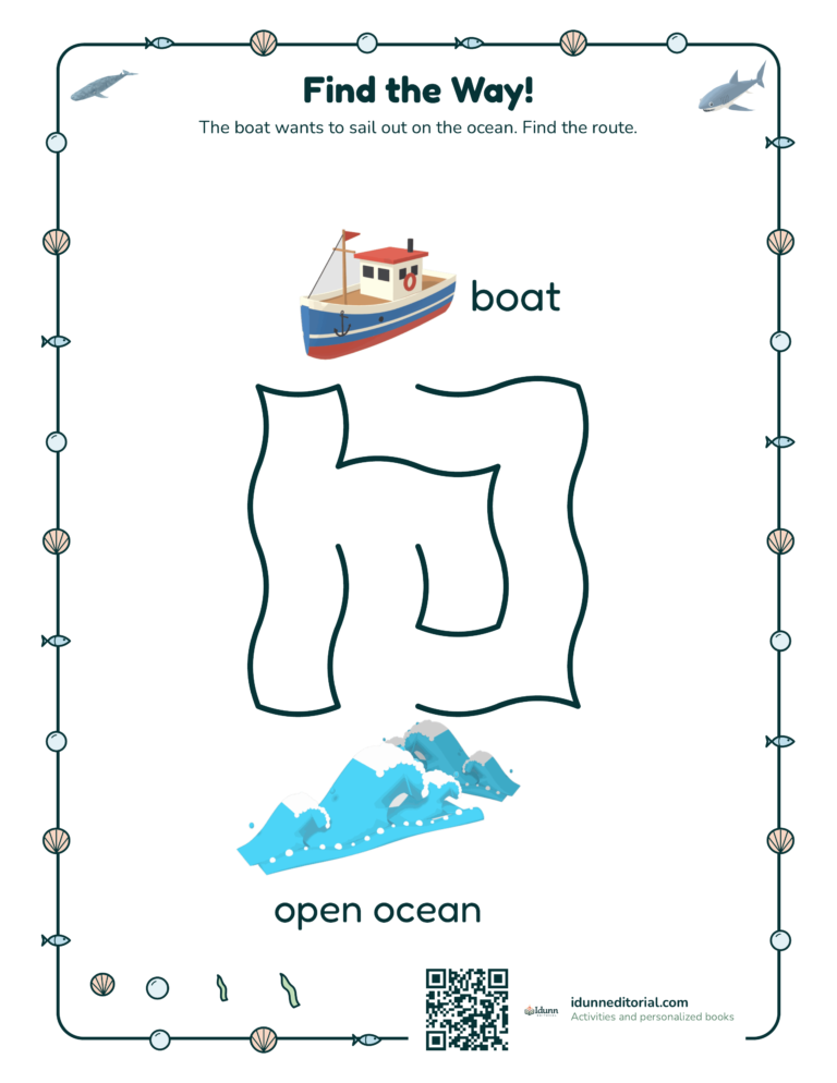 Ocean maze, ages 3 to 4: The boat wants to sail out on the ocean. Find the route.