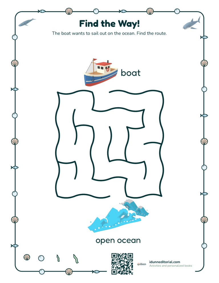 Ocean maze, ages 4 to 5: The boat wants to sail out on the ocean. Find the route.