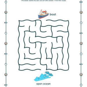 Ocean maze, ages 5 to 6: The boat wants to sail out on the ocean. Find the route.