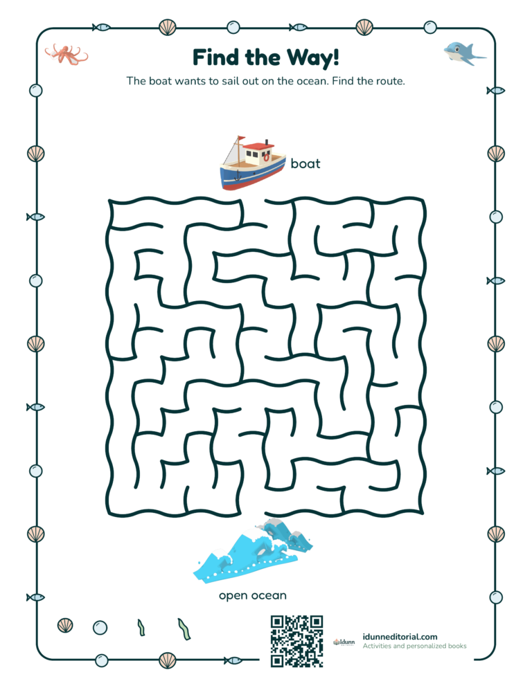 Ocean maze, ages 6 to 7: The boat wants to sail out on the ocean. Find the route.