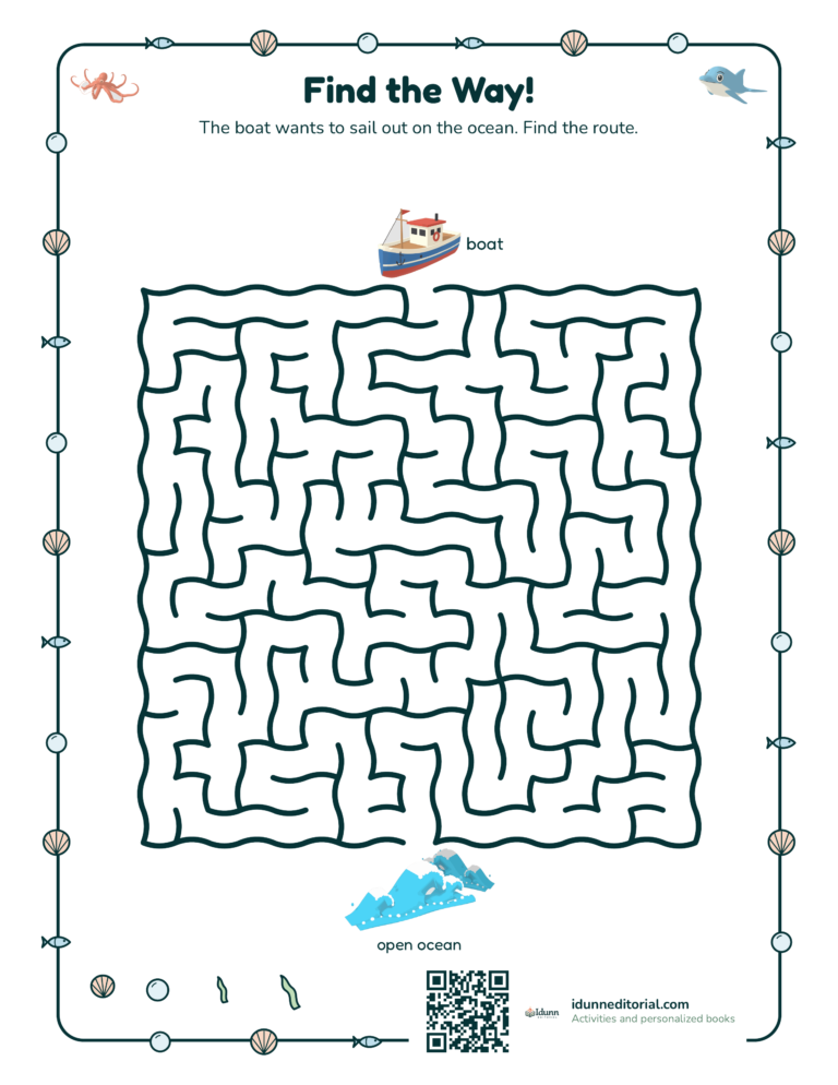 Ocean maze, ages 7 to 9: The boat wants to sail out on the ocean. Find the route.