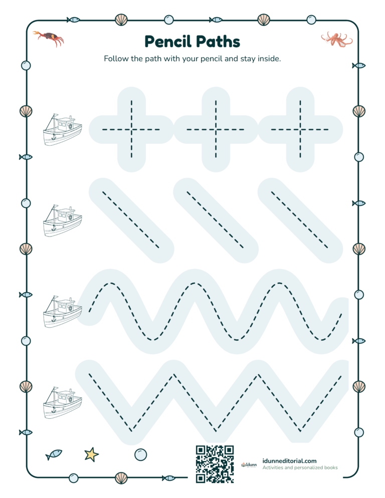 Ocean tracing, ages 4 to 5: Follow the path with your pencil and stay inside.