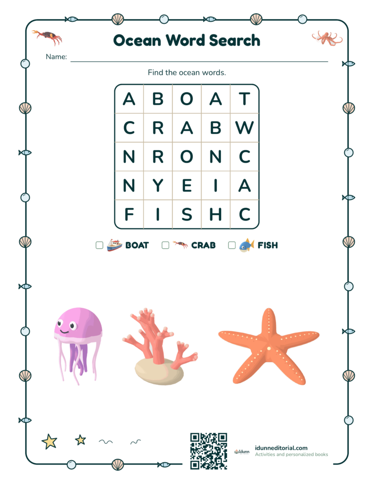 Ocean word search, ages 4 to 5: Find the ocean words.