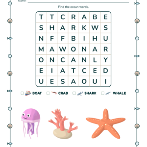 Ocean word search, ages 5 to 6: Find the ocean words.