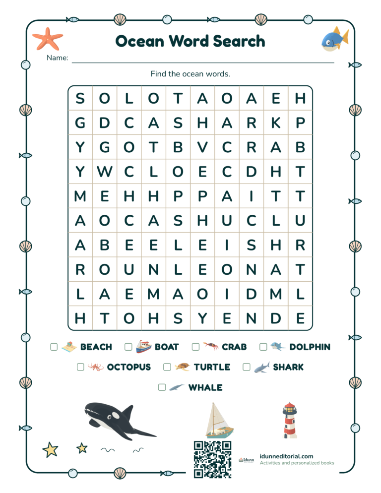 Ocean word search, ages 6 to 7: Find the ocean words.