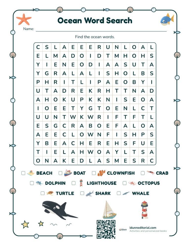 Ocean word search, ages 7 to 9: Find the ocean words.