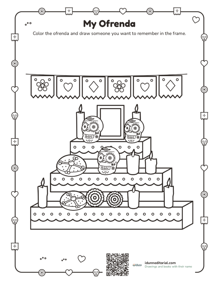 Ofrenda coloring page, ages 4 to 9: a three-tier ofrenda with papel picado, sugar skulls, bread, candles, marigolds and a frame to draw someone you remember.