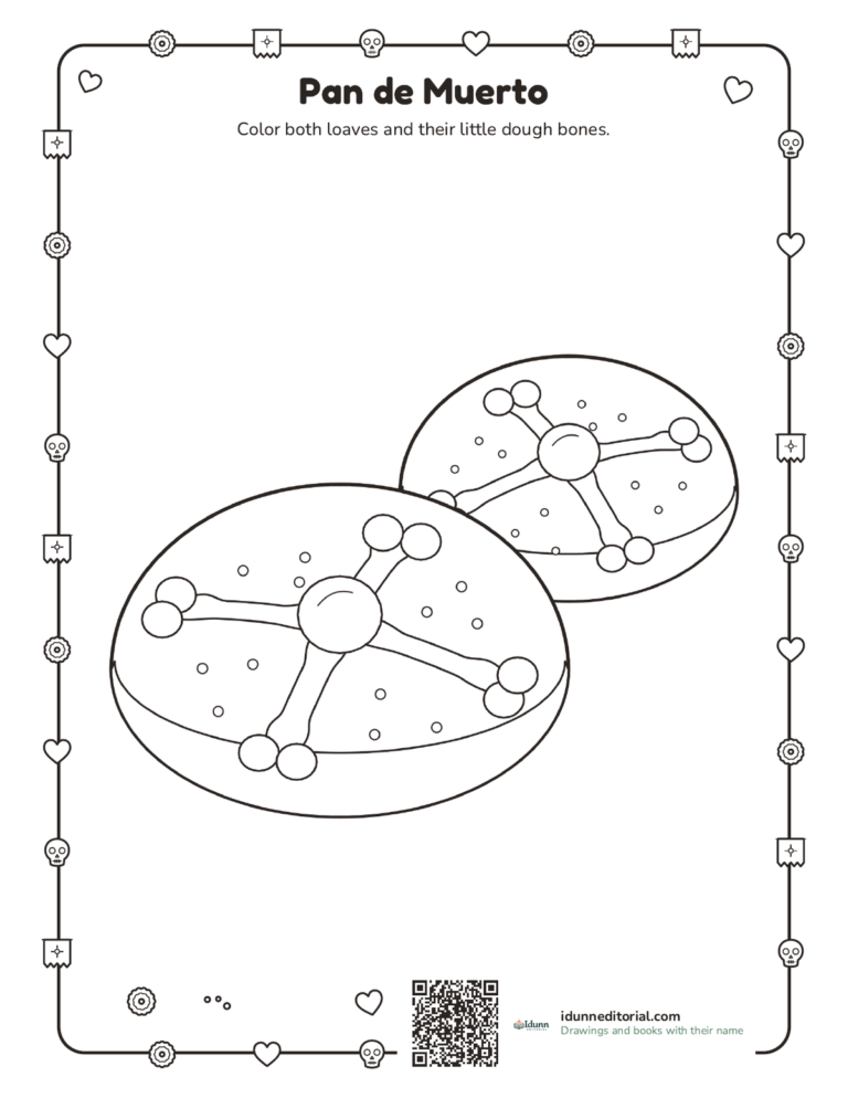 Pan de muerto coloring page, ages 3 to 8: a big loaf and a small one, with their dough bones, the little ball on top and sugar sprinkles.