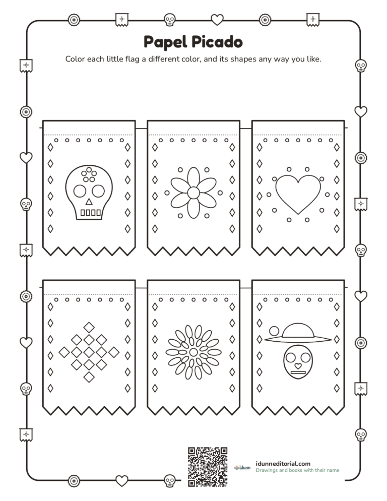 Papel picado coloring page, ages 3 to 9: six little flags with a sugar skull, a flower, a heart, diamonds, a marigold and a catrina, to color and hang.