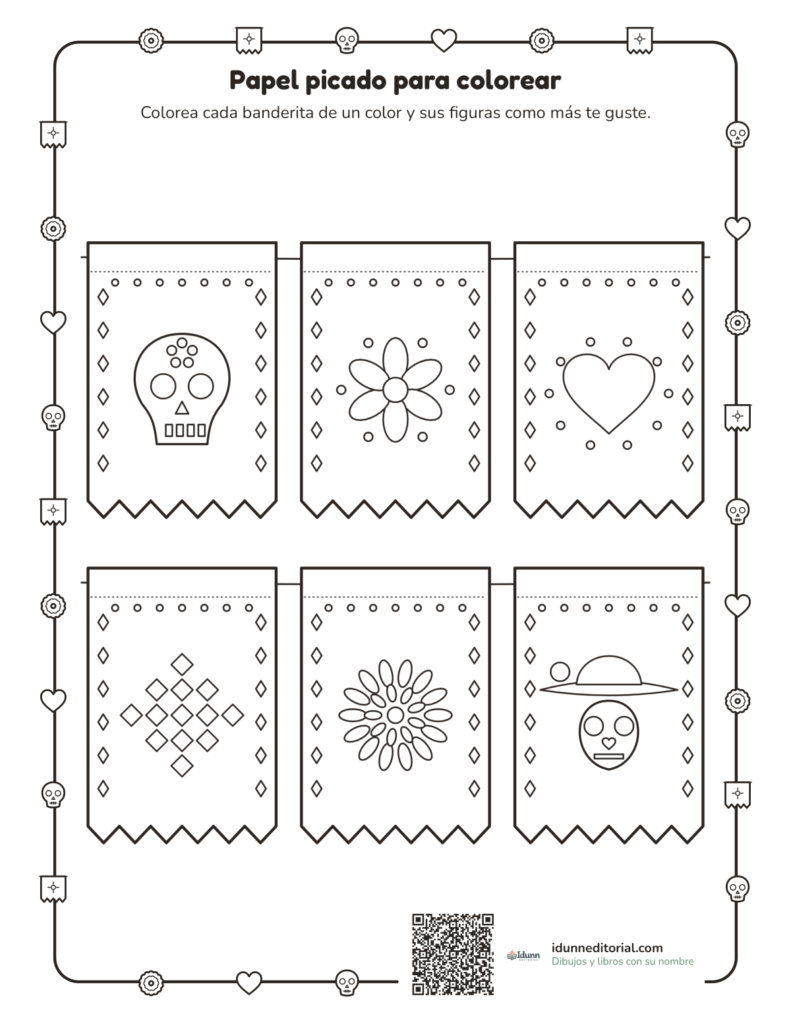 Papel picado para colorear, 3 a 9 años: seis banderitas con calaverita, flor, corazón, rombos, cempasúchil y catrina, para colorear y colgar.