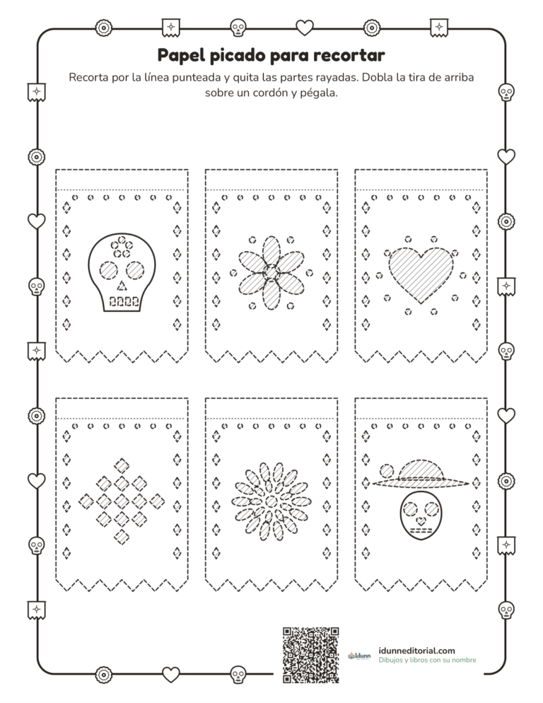 Papel picado para imprimir y recortar, 6 a 12 años: seis banderitas con las partes rayadas que se recortan y la tira que se dobla sobre el cordón.
