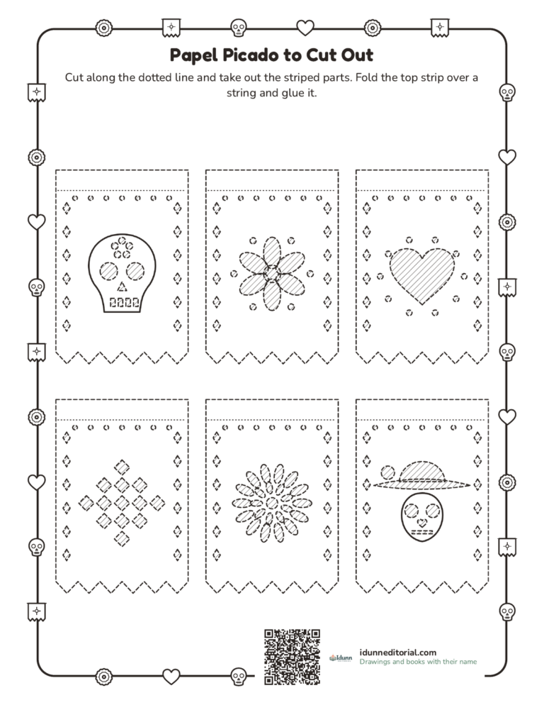 Papel picado printable template, ages 6 to 12: six little flags with the striped parts to cut out and the strip that folds over the string.