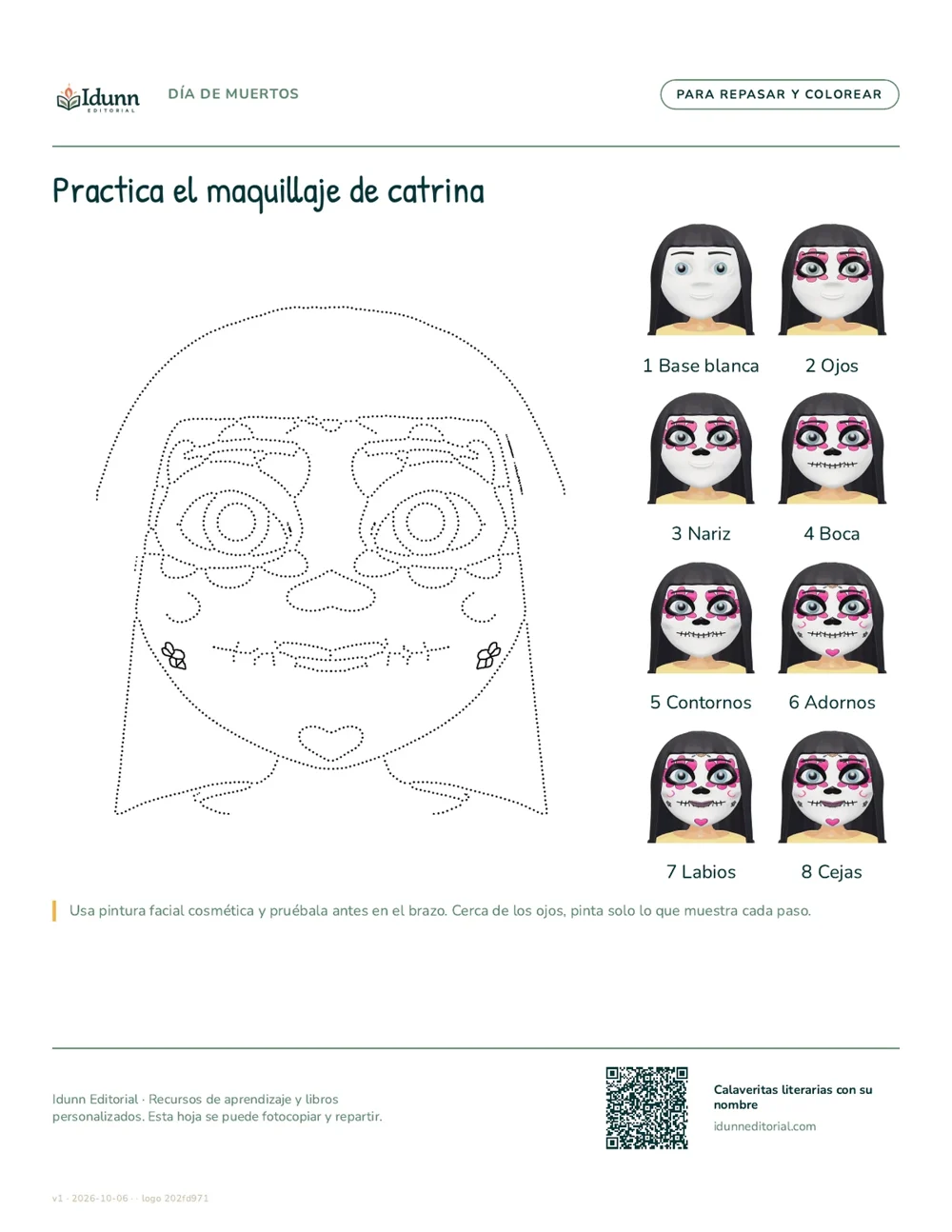 Plantilla para practicar el maquillaje de catrina en papel: una cara punteada para repasar y los ocho pasos numerados al lado